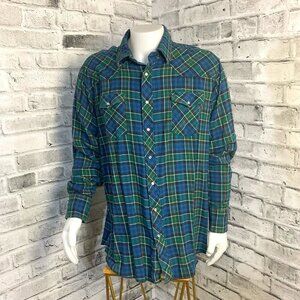 Wrangler Flannel Blue Green Plaid Pearl Snap Western Shirt